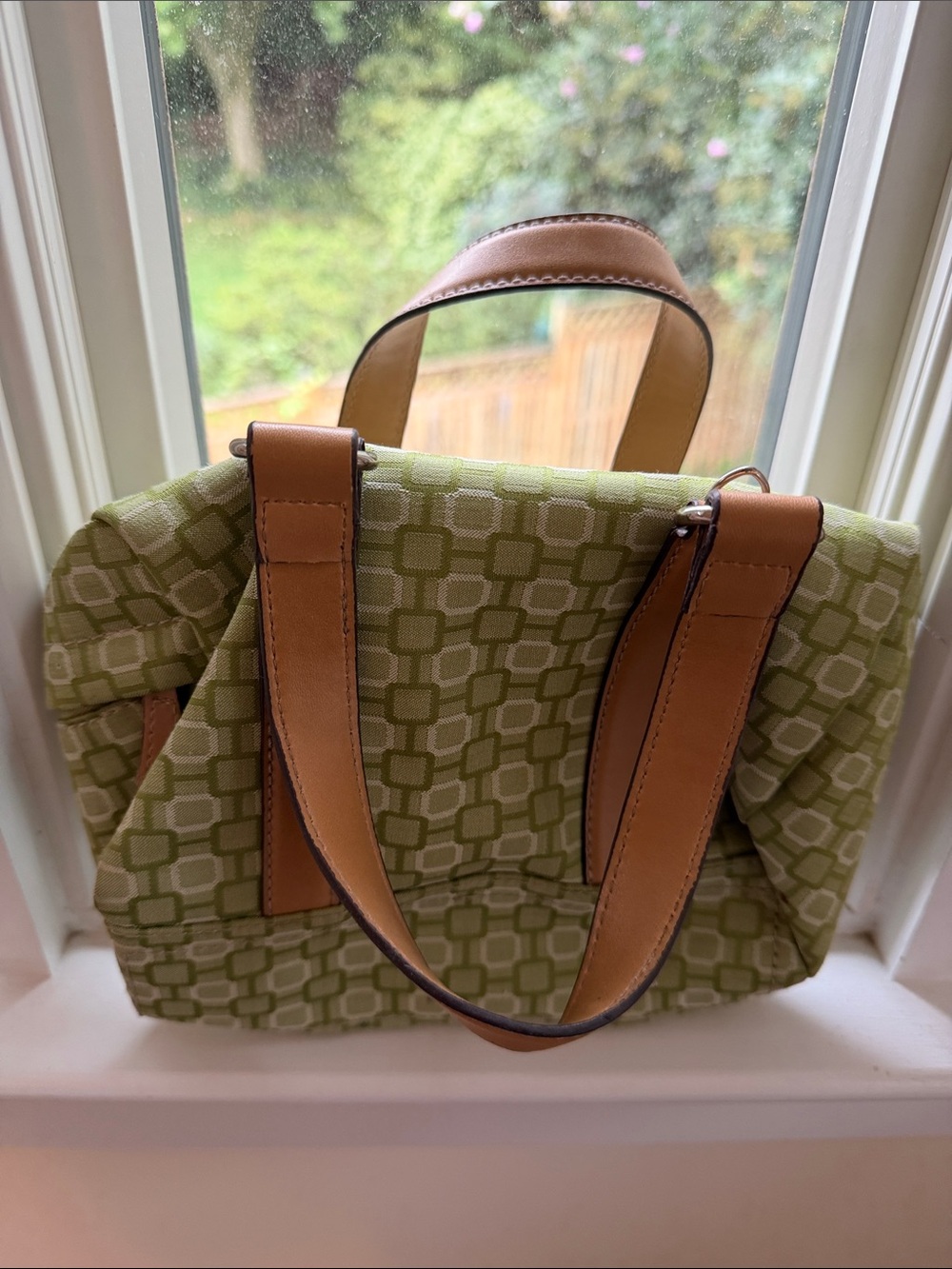 Nine West Green Patterned Mini Bag with Tan Leather Straps
